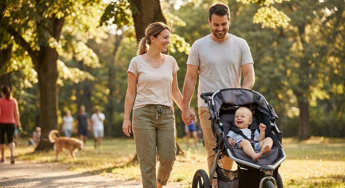Famiglia con passeggino Hauck al parco